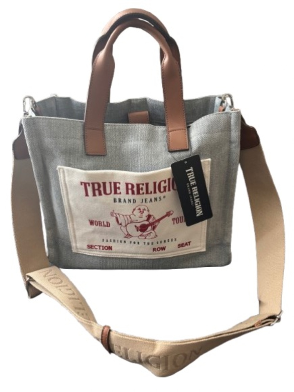 True Religion Denim Tote with Tan Leather Handles